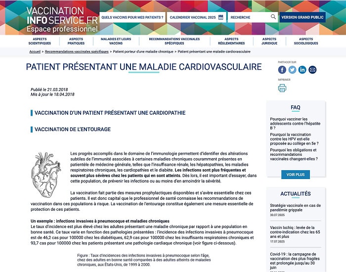 Page web d’information sur la vaccination des patients atteints de maladies cardiovasculaires